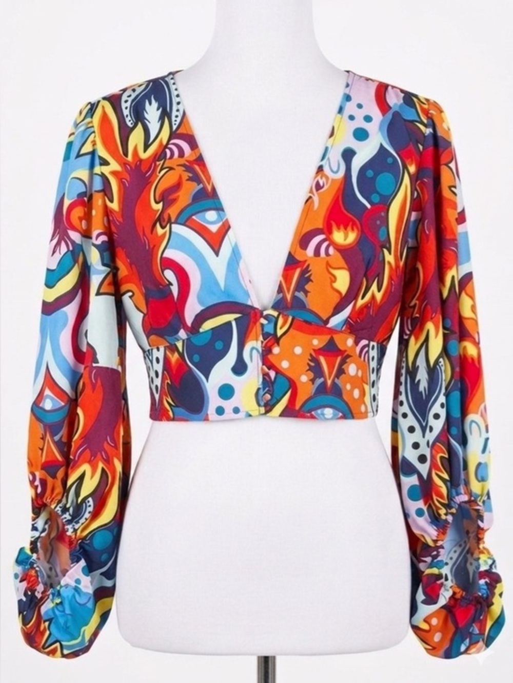 Love X Design Abstract Bold Balloon Sleeve Button Front Smocked Back Top Size XL